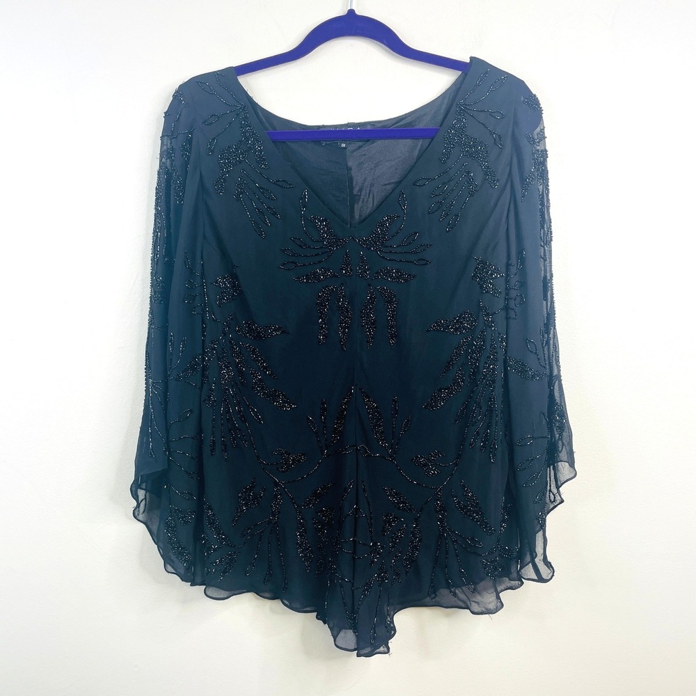 Vintage JKara Beaded Top 1X Sheer Holiday Formal Flare Sleeve